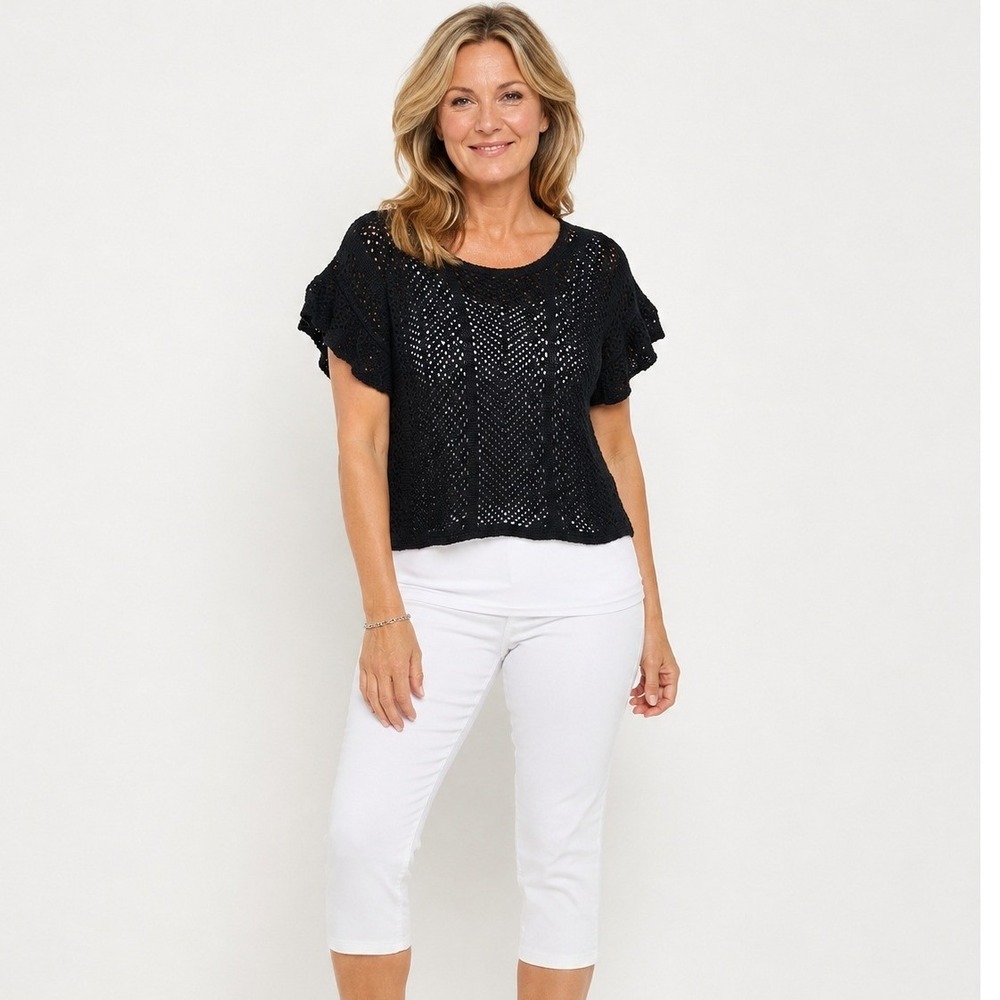 ee:some Womens S/M Black Crochet Open Knit Flutter Sleeve Boho Sweater Top